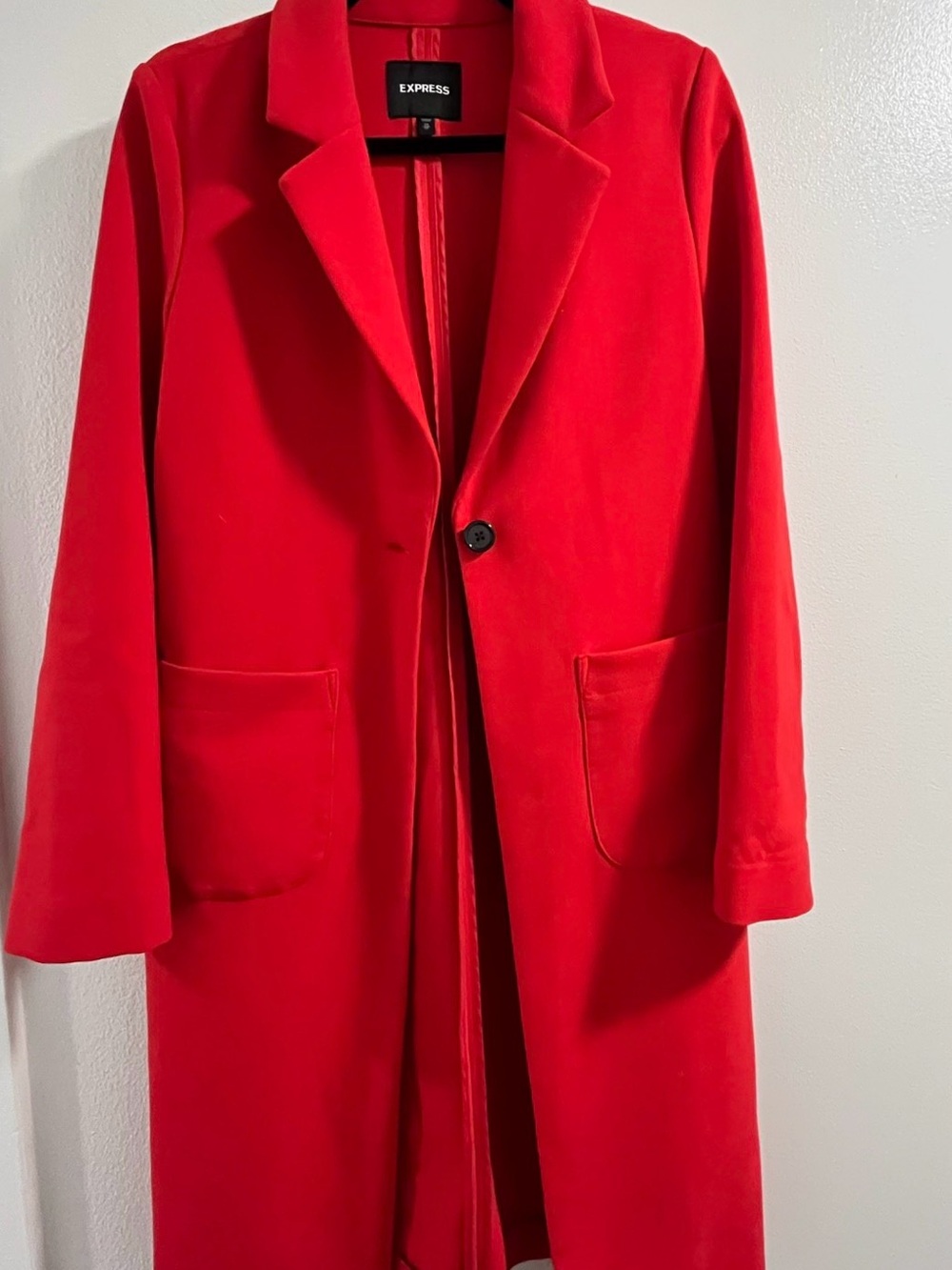 Express Red Long Single-Button Coat with Patch Pockets